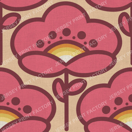 Bold 70s Pink Flower On Beige Vintage Retro Mod Floral Design