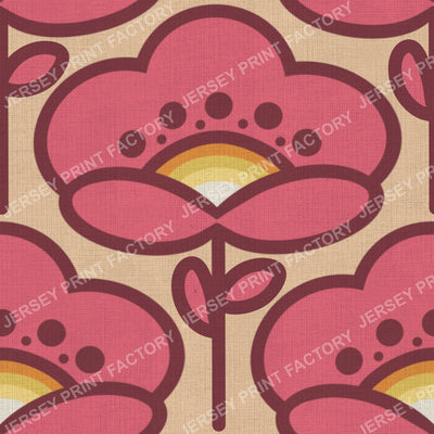 Bold 70s Pink Flower On Beige Vintage Retro Mod Floral Design