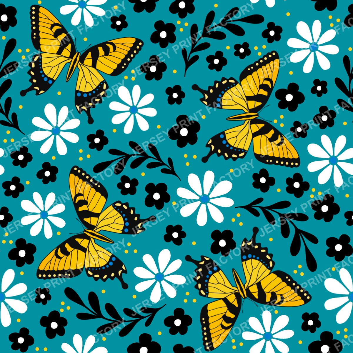 Yellow Tiger Swallowtail Butterflies Floral on Turquoise