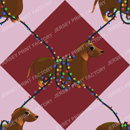 Sausage Dog in String Lights - Winter Weiner Festive Diamonds on Red and Pink