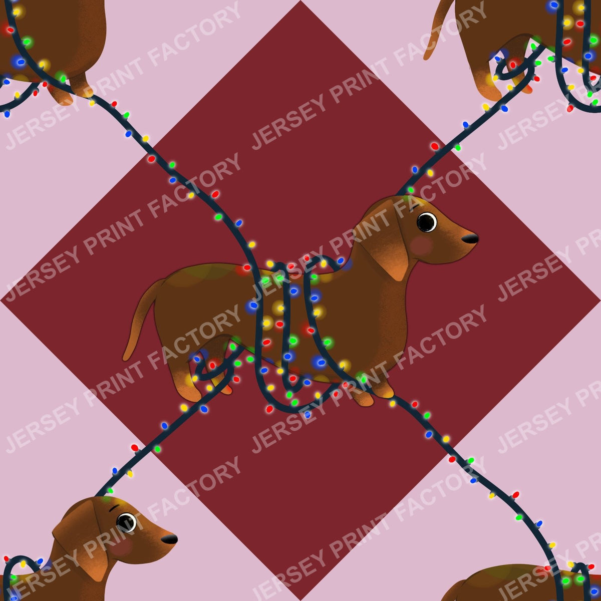 Sausage Dog in String Lights - Winter Weiner Festive Diamonds on Red and Pink