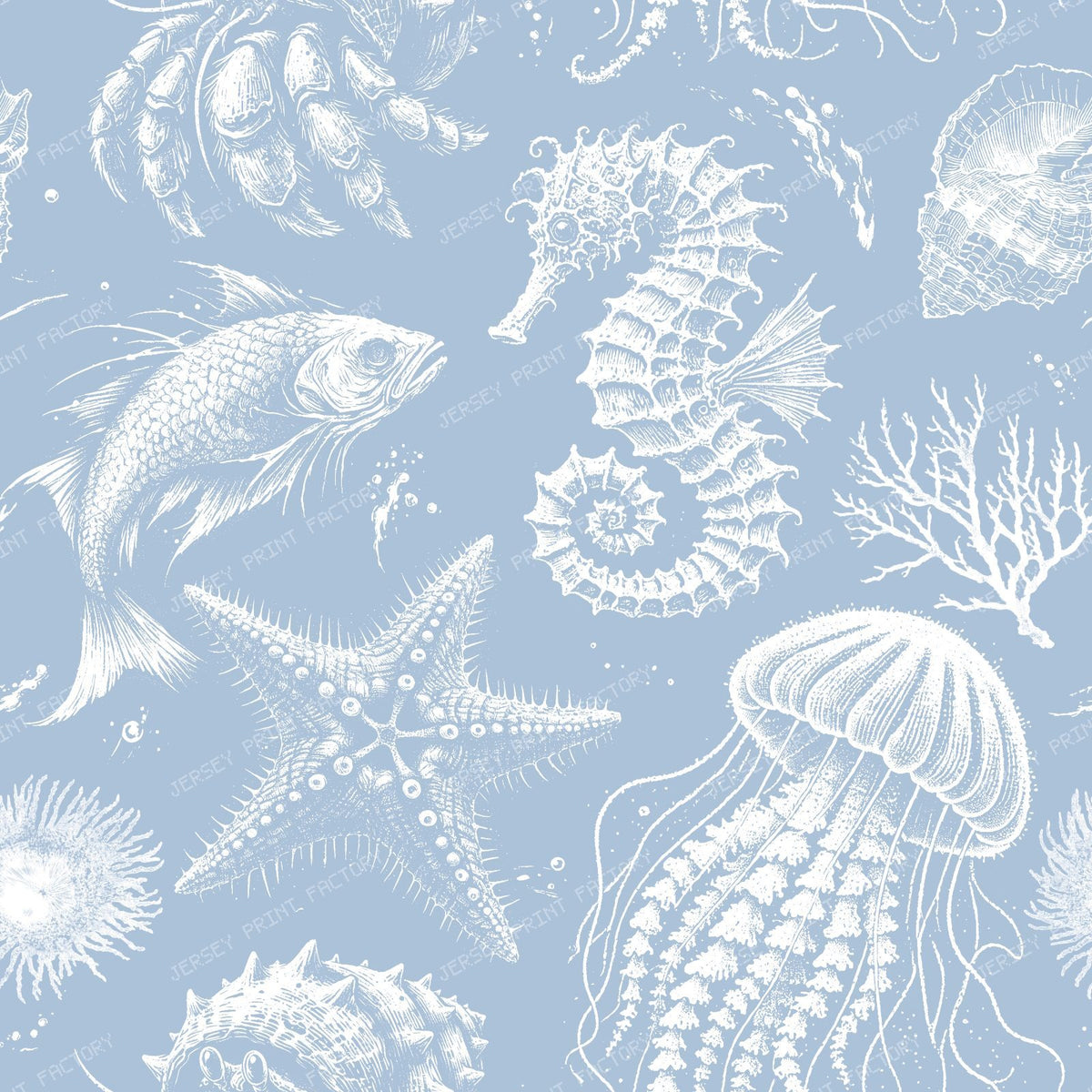 Sea Creatures Cottagecore Coastal Monochromatic Pattern on Cloudy Blue