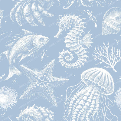 Sea Creatures Cottagecore Coastal Monochromatic Pattern on Cloudy Blue