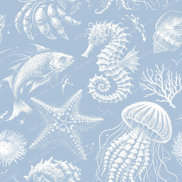 Sea Creatures Cottagecore Coastal Monochromatic Pattern on Cloudy Blue
