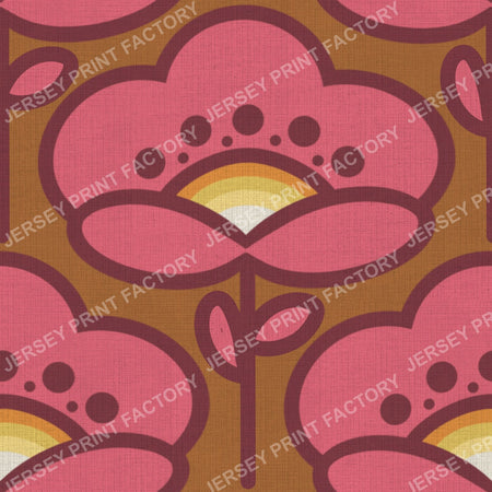 Bold 70s Pink Flower On Mustard Brown Vintage Retro Mod Floral Design