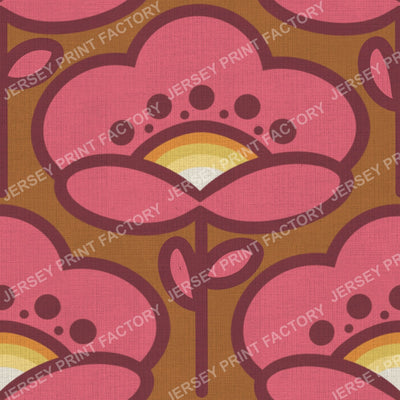 Bold 70s Pink Flower On Mustard Brown Vintage Retro Mod Floral Design