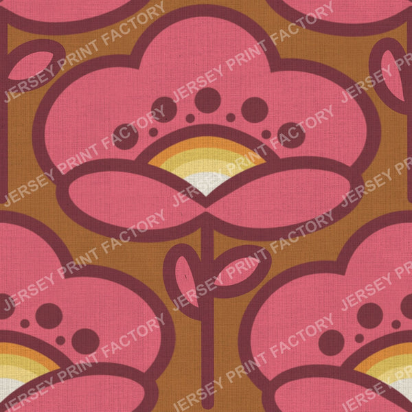Bold 70s Pink Flower On Mustard Brown Vintage Retro Mod Floral Design