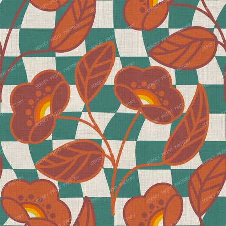 Ditsy Floral and Easter Eggs — 15 — Red Orange on Teal Wavy Checkerboard