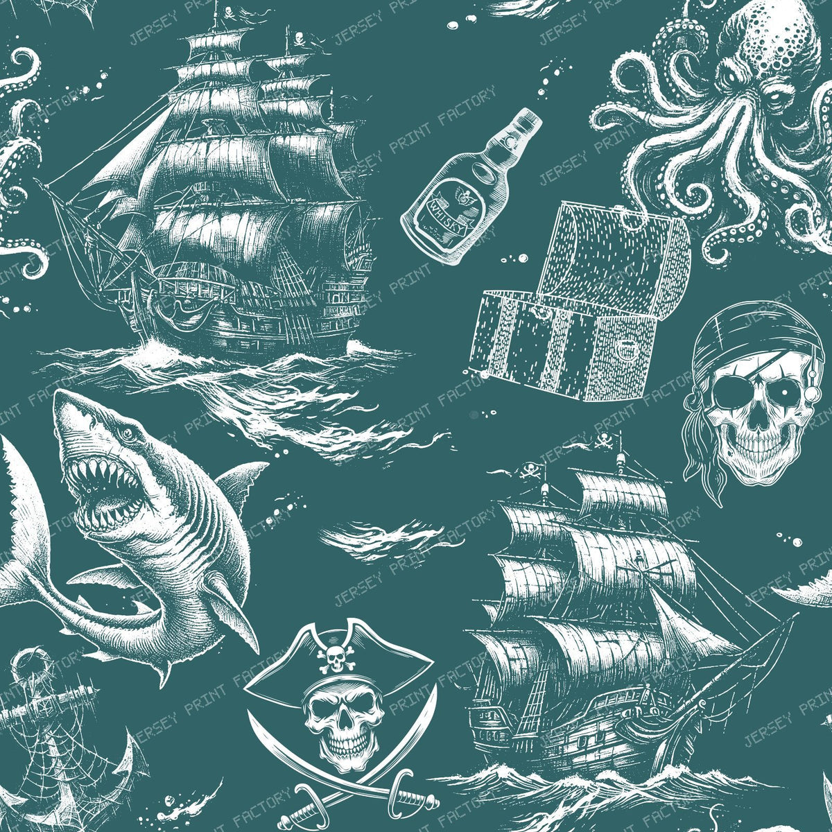 Pirate Legend Dark Coastal Monochromatic Toile Pattern - Teal