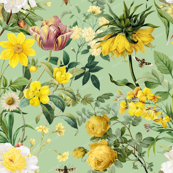 Yellow Flowers Garden Lush Boho Chic Floral Botanical Pattern - Pistachio Green