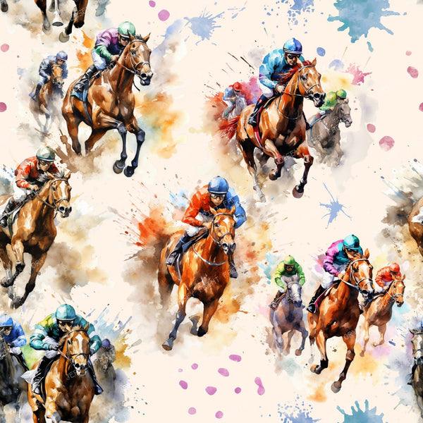 Horse Racing Colorful Watercolor Cottagecore Equestrian-Themed Pattern