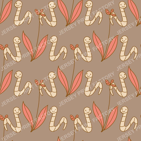 Happy Worm & Leaf Pattern — Taupe