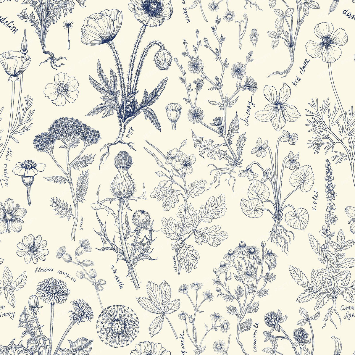 Wildflowers collage indigo and off white