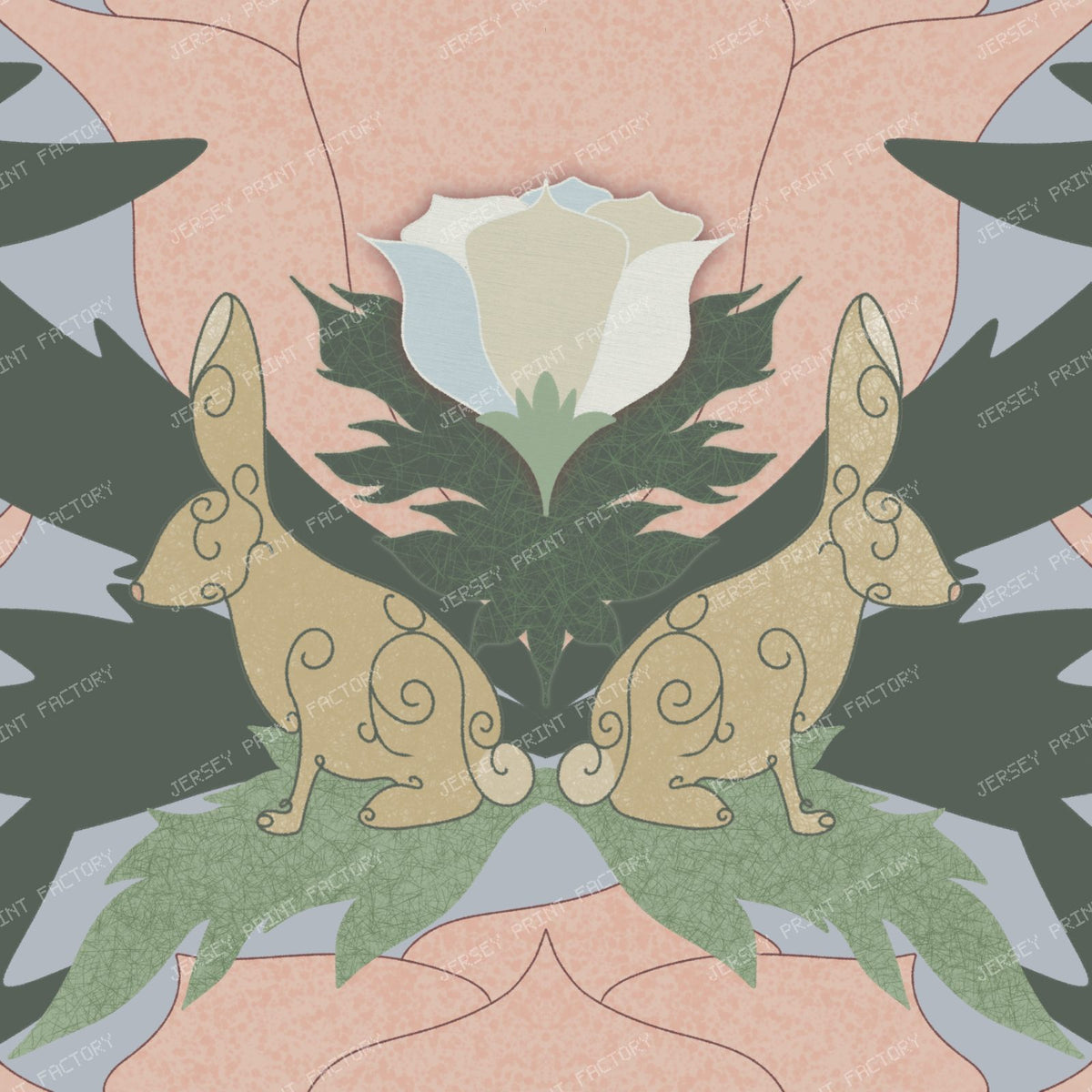 Art Deco Spring Bunny Floral in Soft Sage and Blush