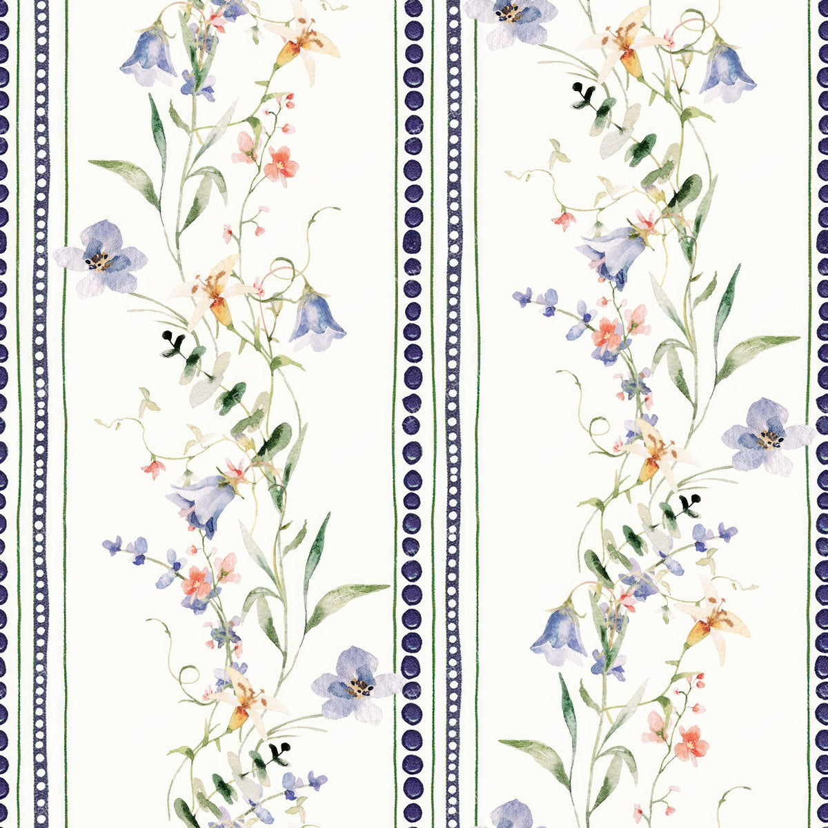 Vintage French Country Ribbon Stripe with Climbing Vines and Dotted Borders - Blue