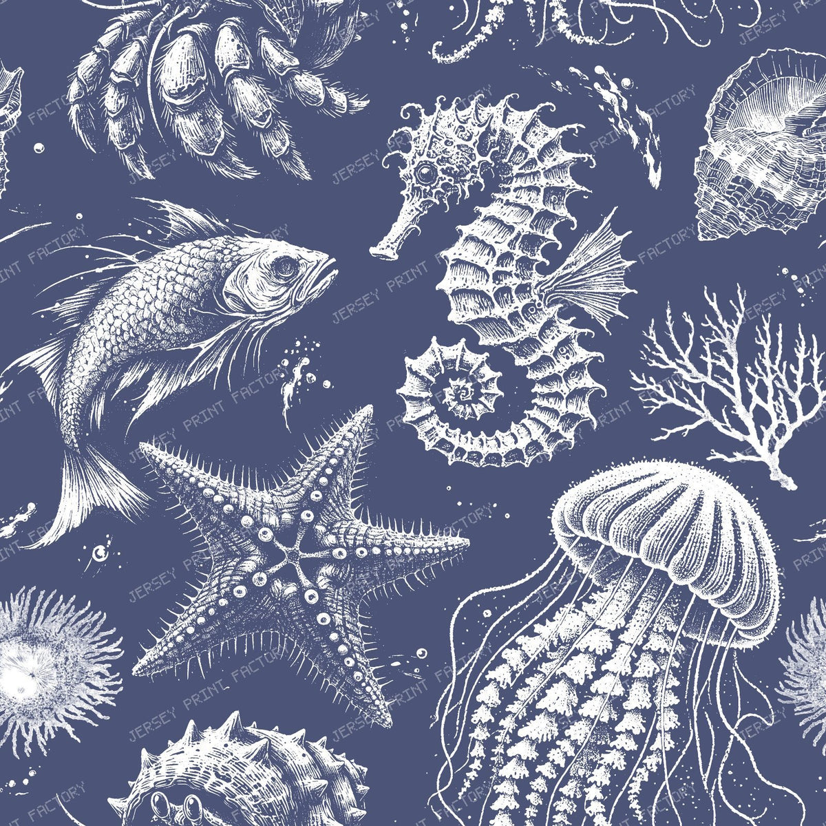 Sea Creatures Dark Cottagecore Coastal Monochromatic Navy Blue Pattern