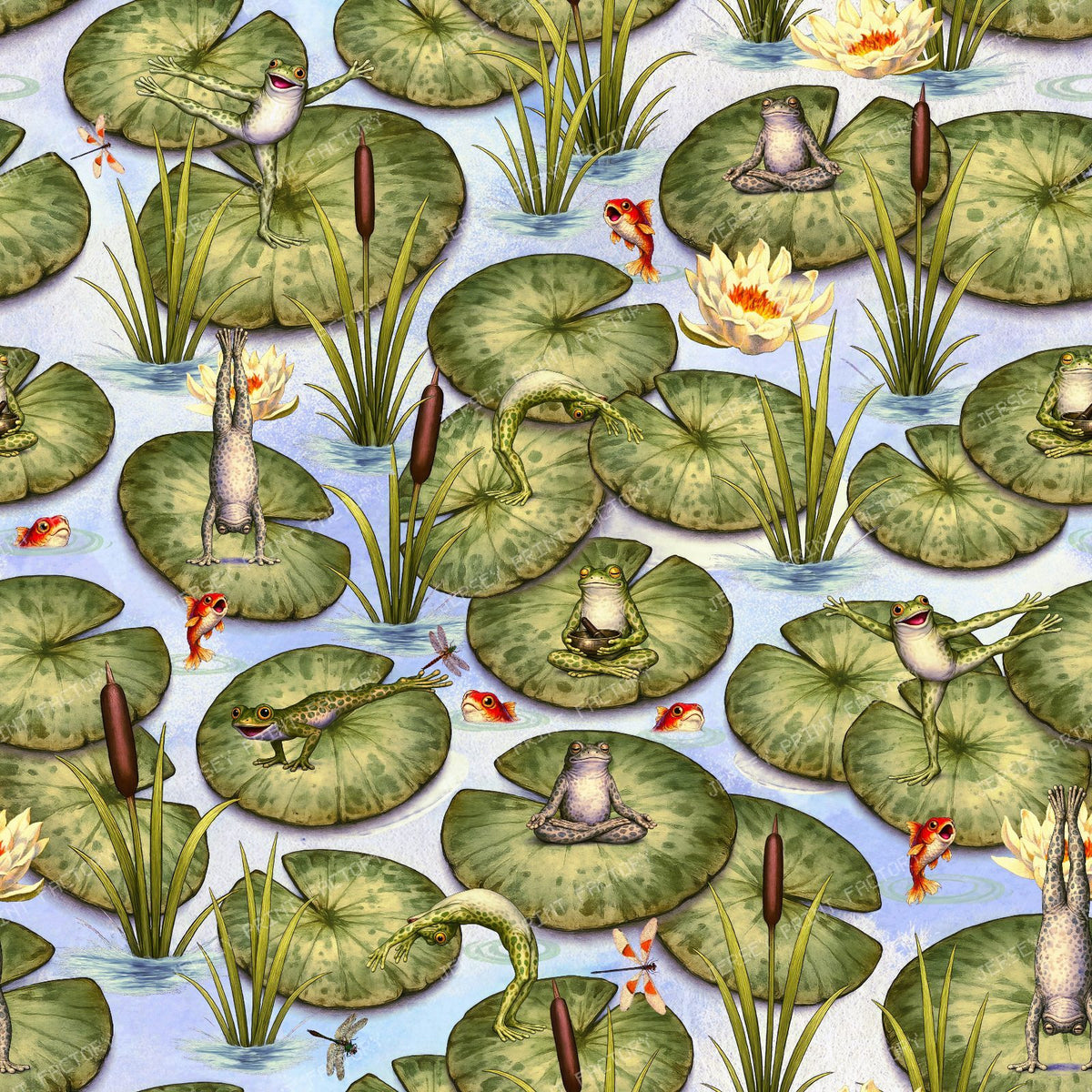 Whimsical Vintage Yoga Frogs on Lily Pads with Water Lilies in a Peaceful Pond - Light Pastel — Dark