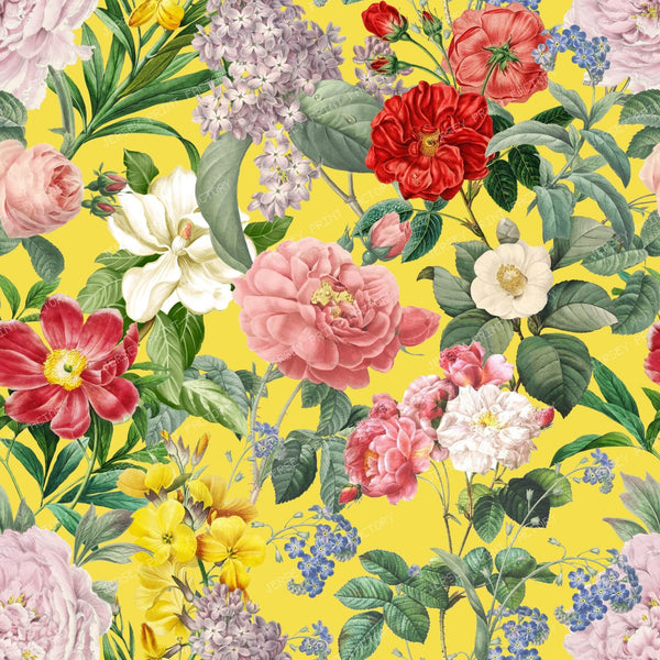 Lush Summer Garden Floral Botanical Pattern on Illuminating Yellow