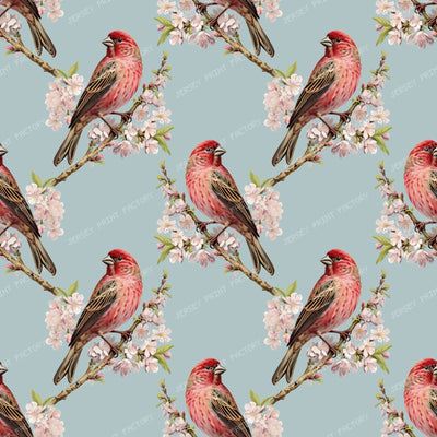 Pattern Of Birds, Red Birds, Summer Tanager, Cherry Blossom — Blue