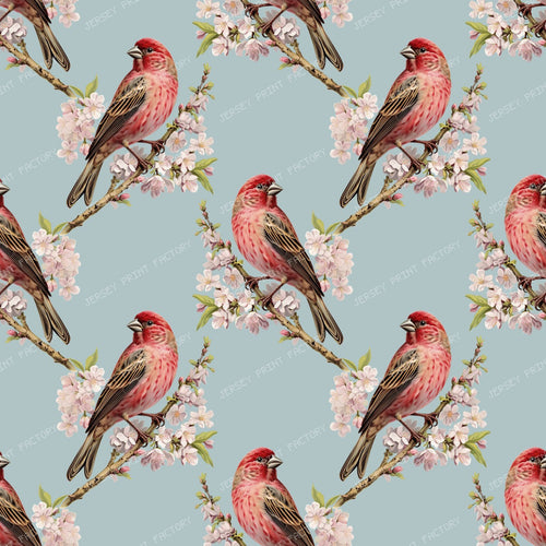 Pattern Of Birds, Red Birds, Summer Tanager, Cherry Blossom — Blue