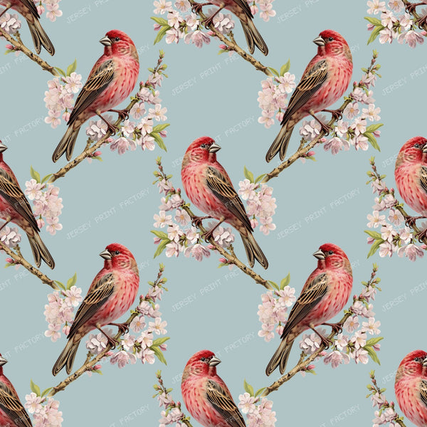 Pattern Of Birds, Red Birds, Summer Tanager, Cherry Blossom — Blue