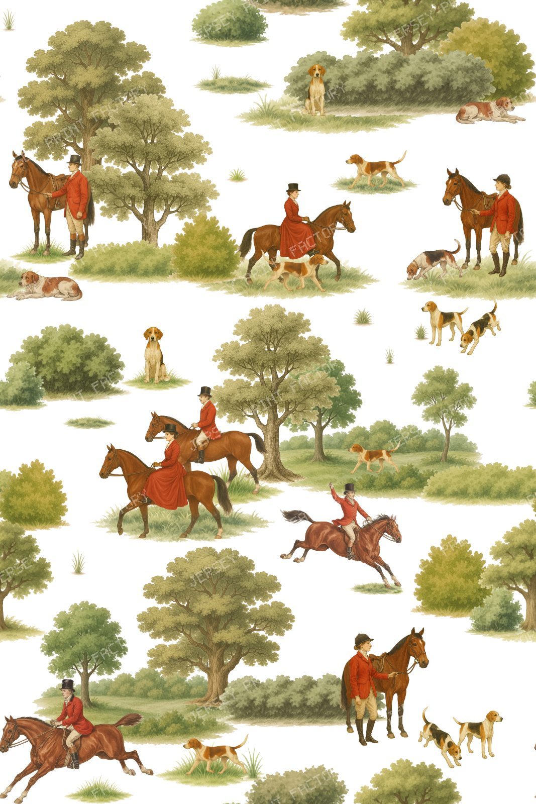 Vintage English Countryside Fox Hunt with Equestrian Riders, Hounds and Horses - White