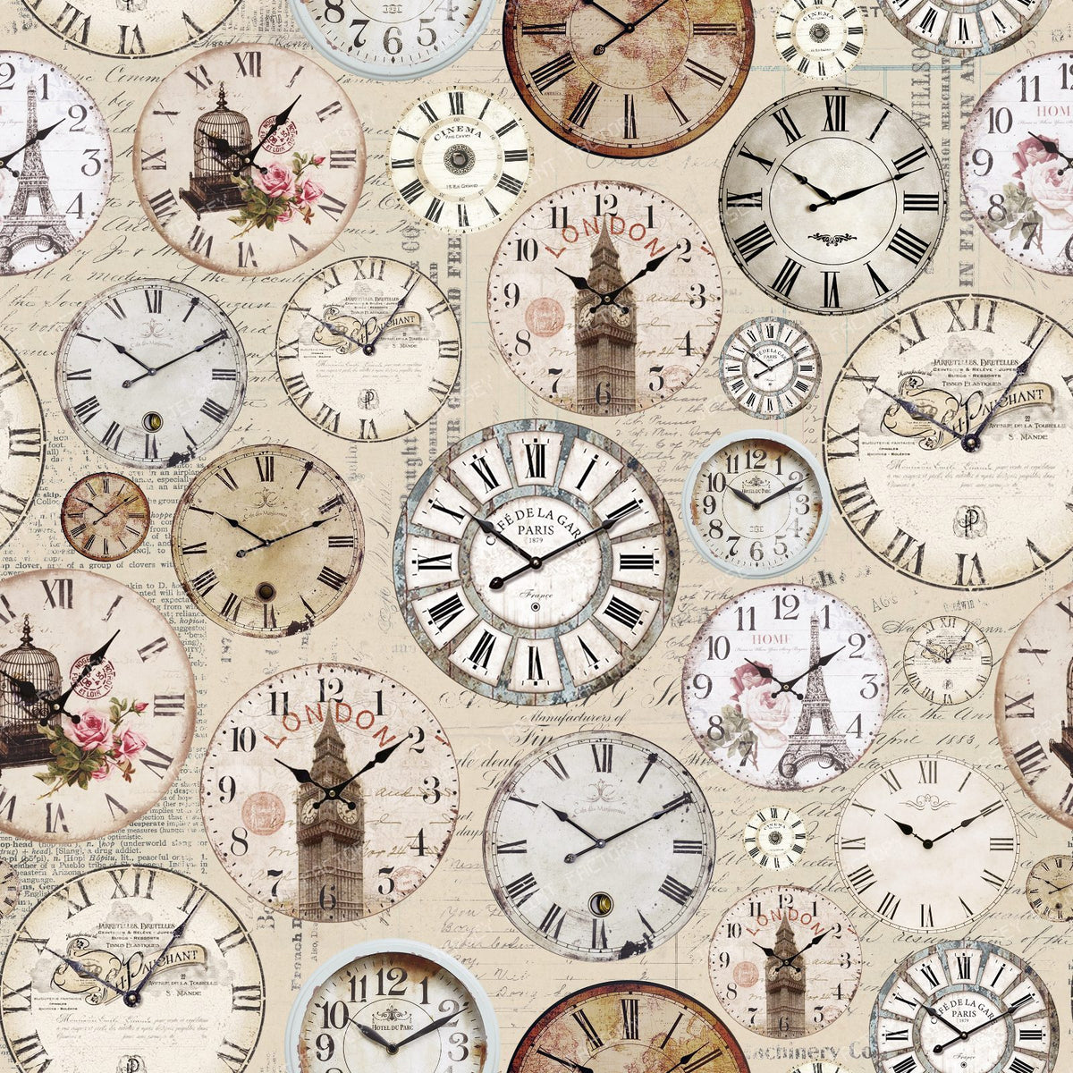 Vintage Antique Clocks with Paris and London Travel Collage and Steampunk Charm - Beige