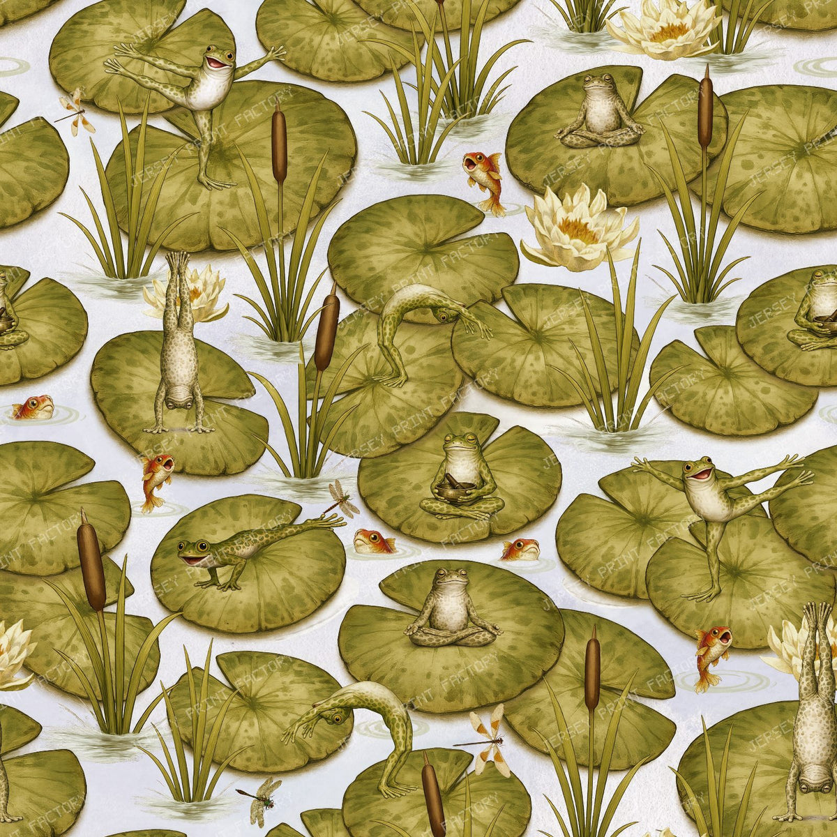Whimsical Vintage Yoga Frogs on Lily Pads with Water Lilies in a Peaceful Pond - Light Pastel — Sepia