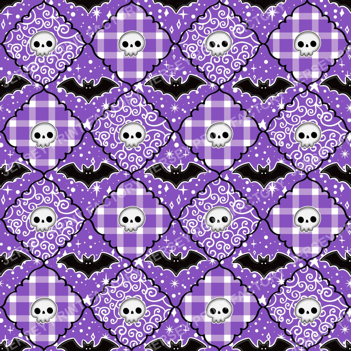 Halloween Patchwork Skulls and Pumpkins in Purple