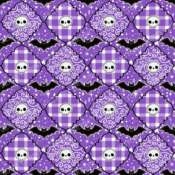 Halloween Patchwork Skulls and Pumpkins in Purple