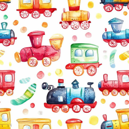 Whimsical Watercolor Toy Trains Kids Seamless Pattern