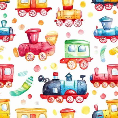 Whimsical Watercolor Toy Trains Kids Seamless Pattern