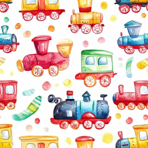Whimsical Watercolor Toy Trains Kids Seamless Pattern