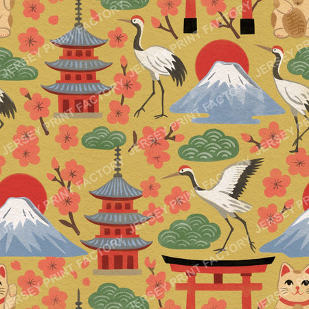 Springtime Japan in Traditional Colours on Mustard Yellow