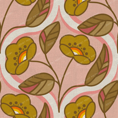 Blush Pink Retro Floral With Mustard Blooms And Olive Leaves 70s Style