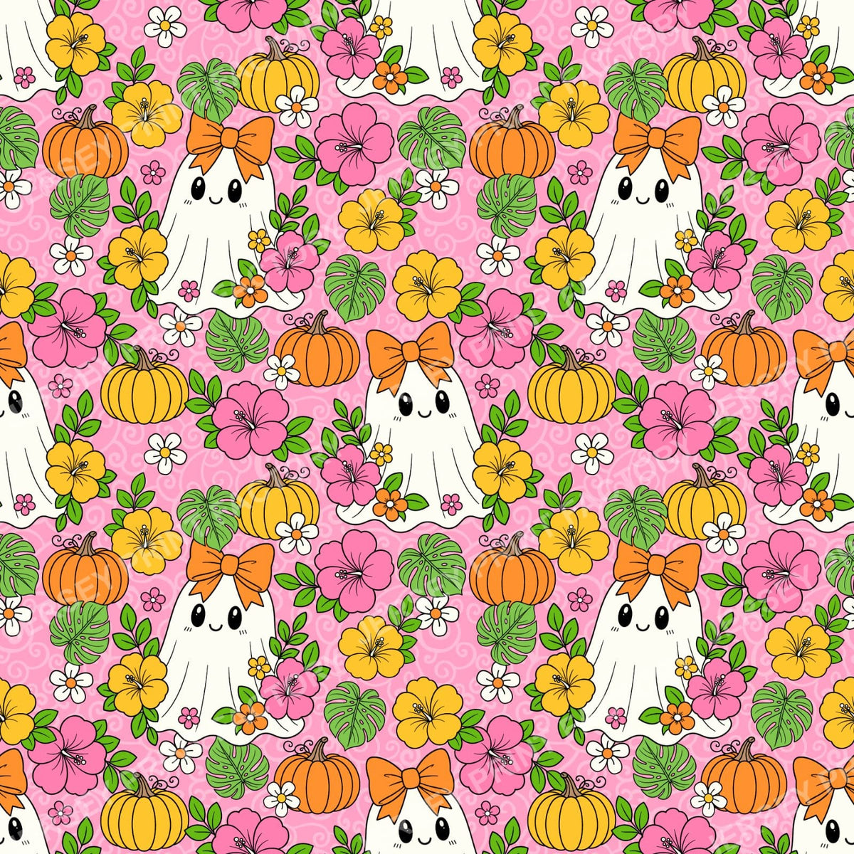 Halloween Girly Ghosts With Tropical Flowers On Pink
