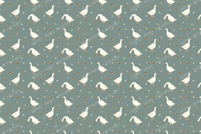 Watercolor autumn geese with acorns — sage, green, beige