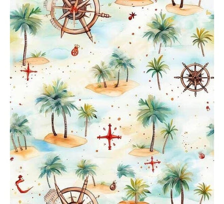Watercolor Tropical Island & Vintage Compass Seamless Pattern
