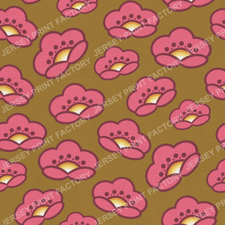 1970s Pink Mod Flowers - Retro Floral On Mustard Brown
