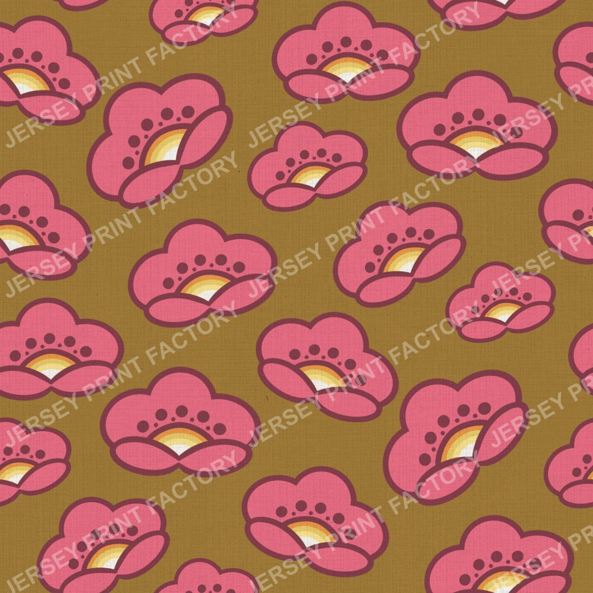 1970s Pink Mod Flowers - Retro Floral On Mustard Brown