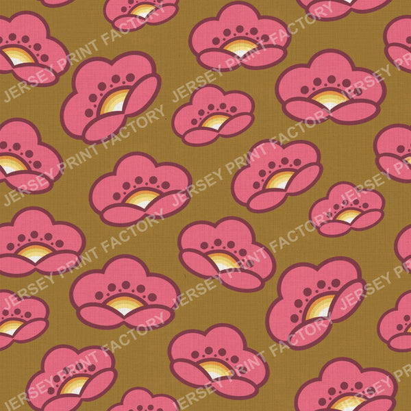 1970s Pink Mod Flowers - Retro Floral On Mustard Brown