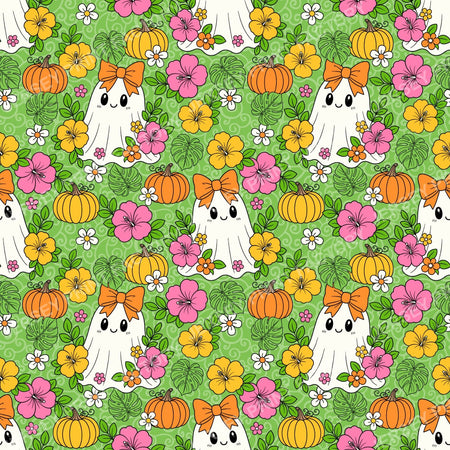 Halloween Girly Ghosts With Tropical Flowers On Green
