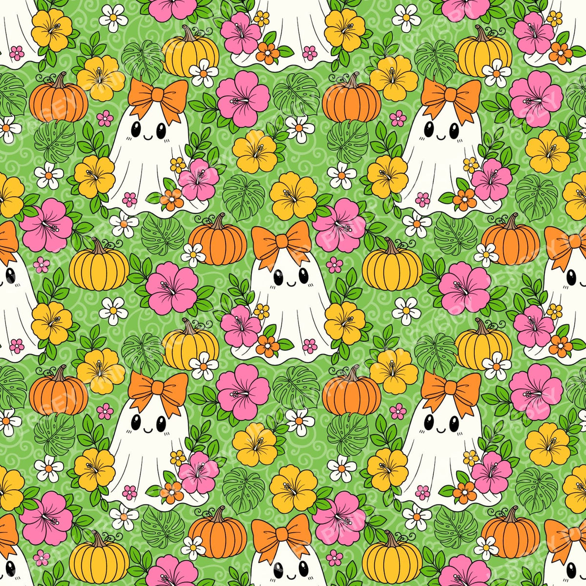 Halloween Girly Ghosts With Tropical Flowers On Green