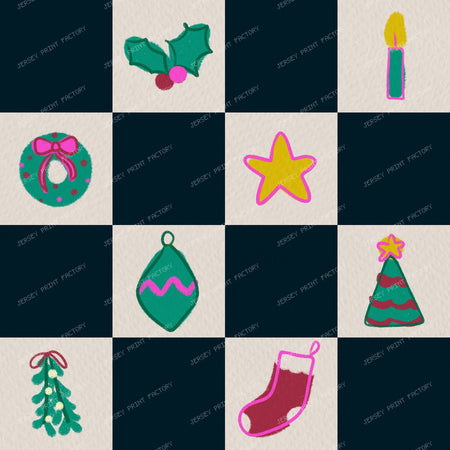 Christmas Checkerboard with Festive Doodles in Purple — Dark Blue Black
