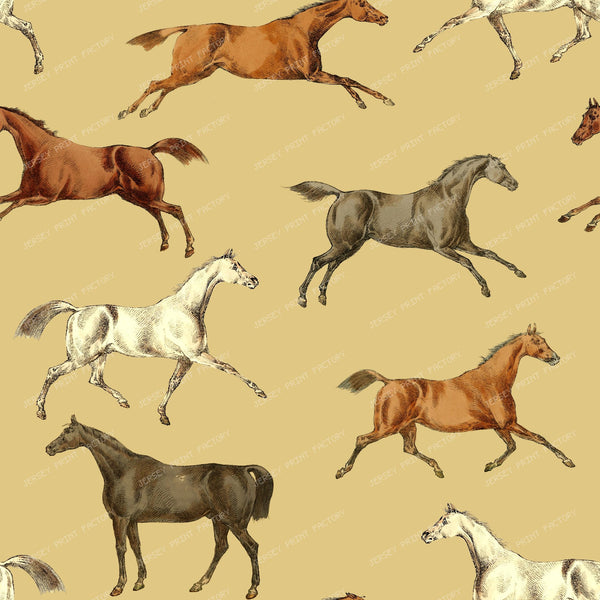 Wild Horses Vintage Chic Cottagecore Toile Pattern on Mustard Yellow