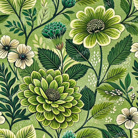 Bold Moss Green And Beige Flowers 1