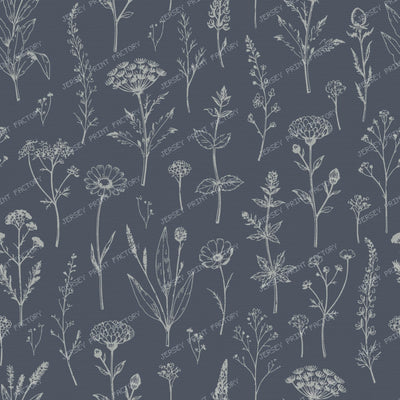 Botanical Sketch Herbarium Country Cottage Flowers - Slate & Dusty Blue — Dark Navy Blue