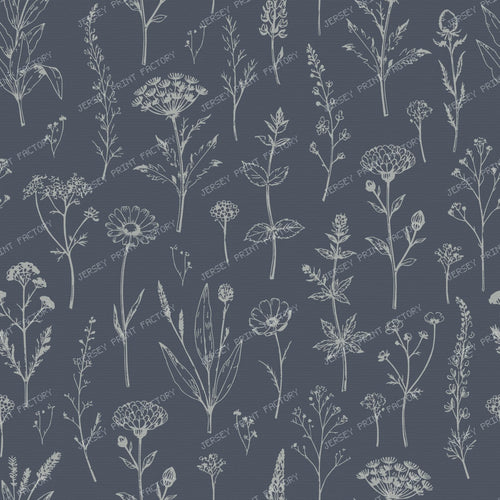 Botanical Sketch Herbarium Country Cottage Flowers - Slate & Dusty Blue — Dark Navy Blue