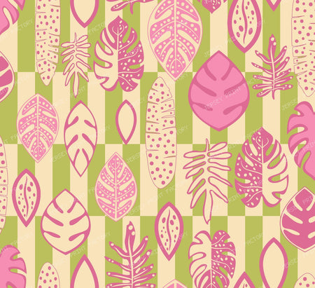 Tropical leaves on windowpane tile — Green,pink