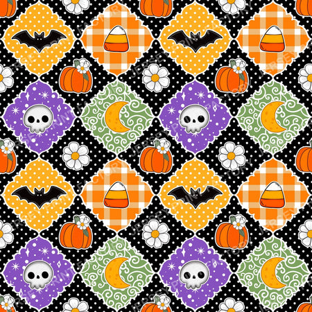 Colorful Halloween Patchwork Bats Skulls Pumpkins Candy Corn
